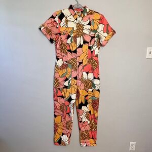 Farm Rio Sunflower Jumpsuit Womens M Colorful Denim Boho Tropical Resort Retro